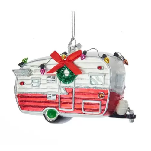 Travel And Destination Ornaments>Tannenbaum Holiday Shop Red And White Camping Car Glass Ornament