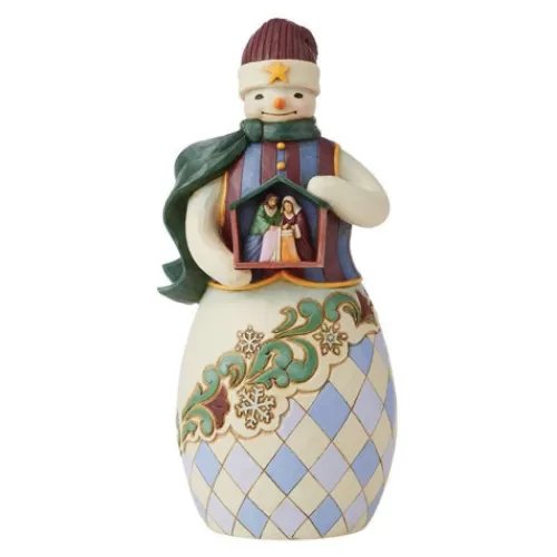 Snowman Figurines>Tannenbaum Holiday Shop Snowman Holding Nativity Stable