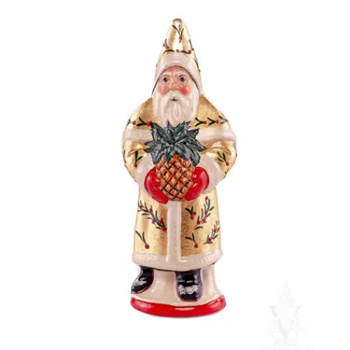 Santa Figurines>Tannenbaum Holiday Shop Traditional Gold Santa Holding Pineapple