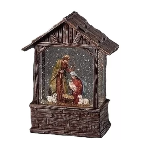 Nativity Sets And Religious Ornaments>Tannenbaum Holiday Shop Wood Stable With Holy Family Swirl Lantern